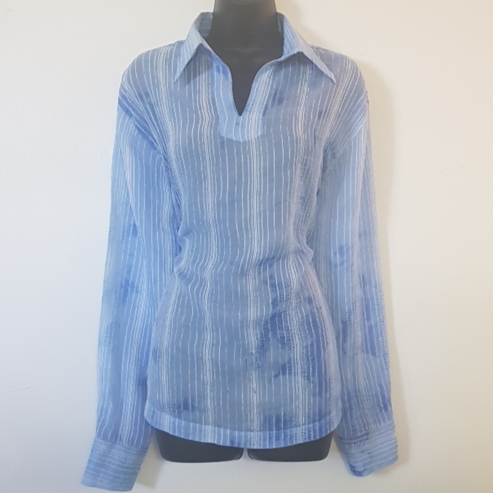 BC Collection Women Top Blue Striped Long Sleeve M
